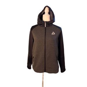 Gerry zip front hooded jacket with charcoal gray ribbed bodice and black sleeves